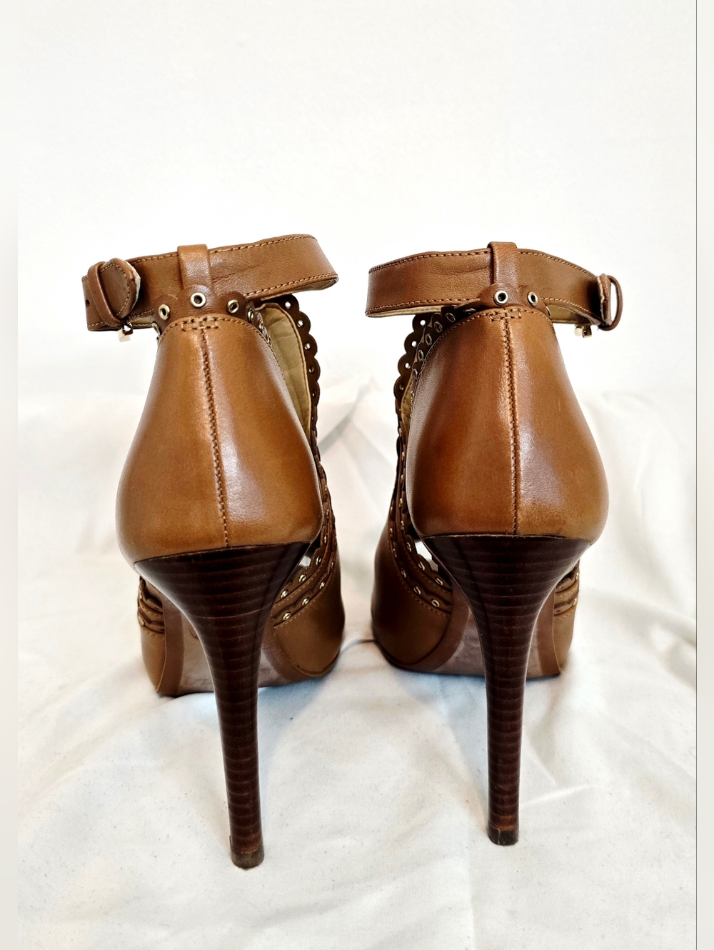 Michael Kors Leather Peep Toe Heels Brown Studded Ankle Strap Stiletto Size 8.5 - Picture 4 of 7